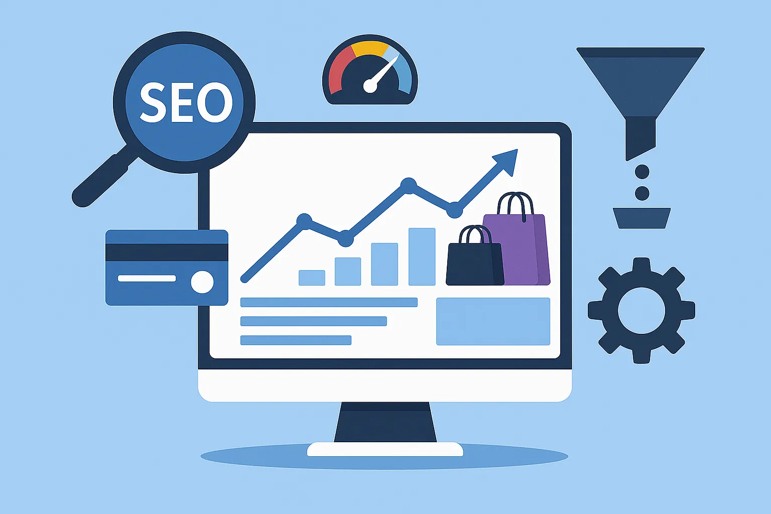 Web performance illustration with SEO, funnel, analytics, and intelligent optimization tools