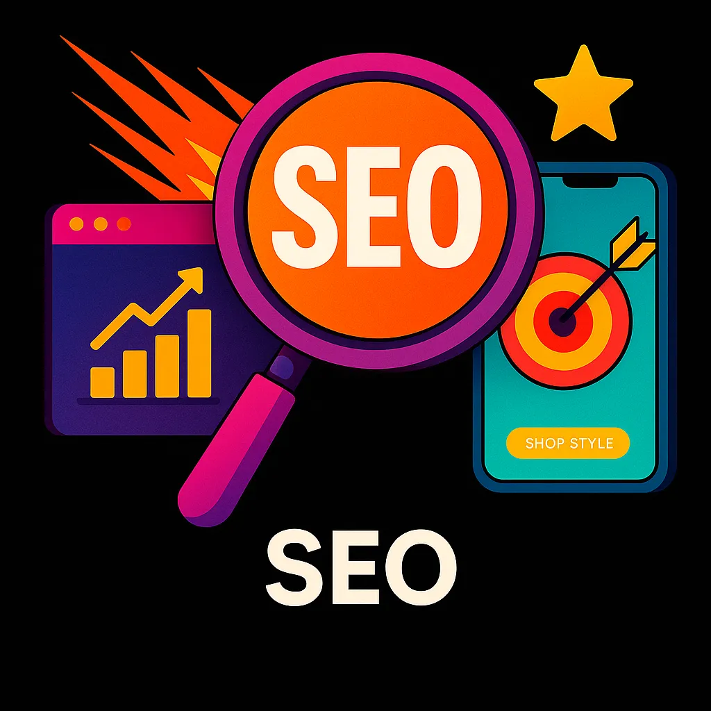 SEO strategy illustration: website optimization, analytics, and ranking growth